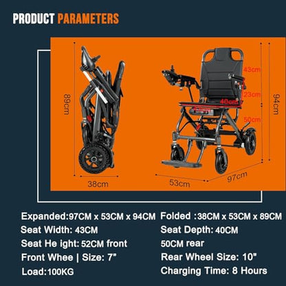 Ultra-Light Foldable Electric Wheelchair – 13 kg, 19 km Range, 360W Motor, Dual Braking System