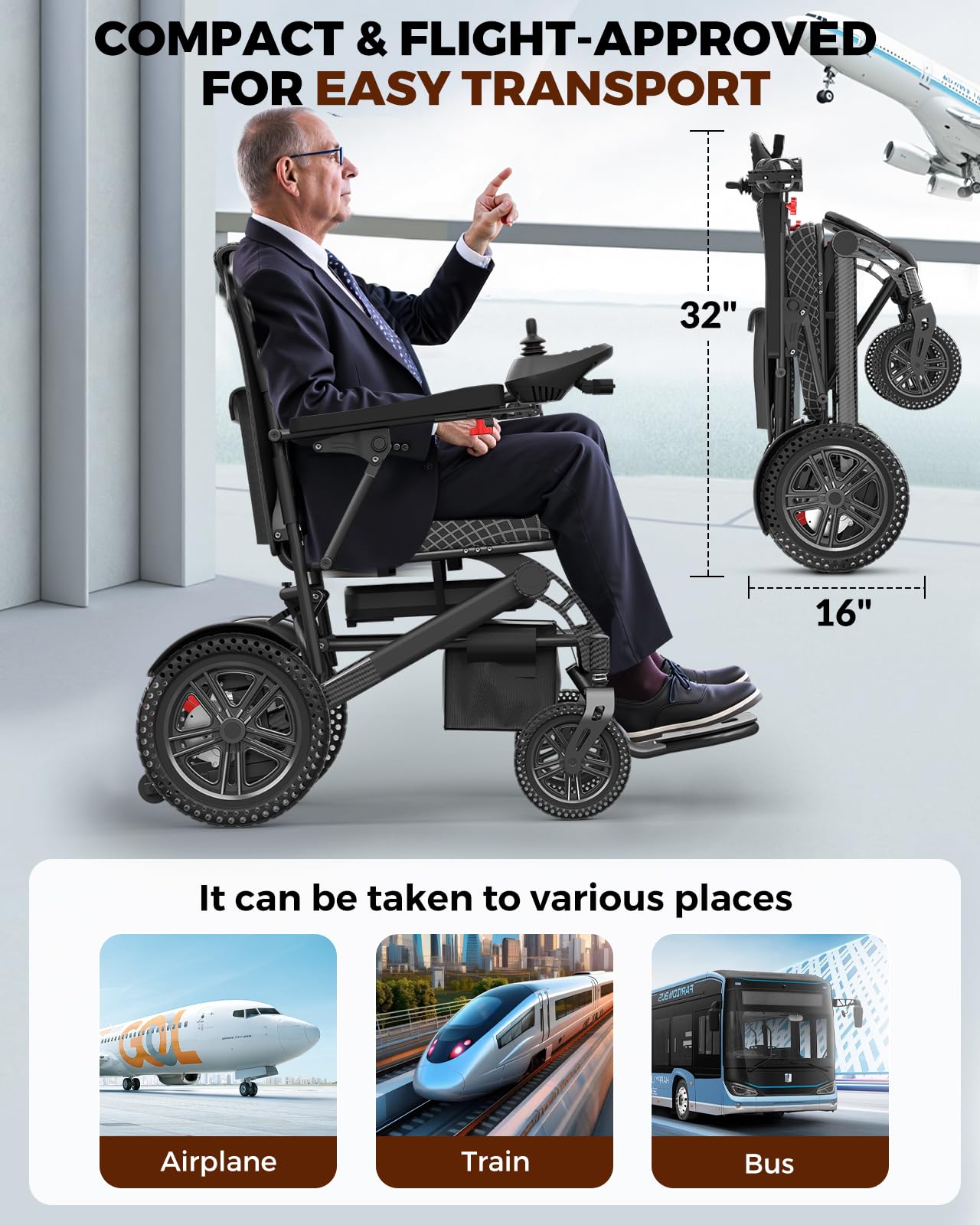 Foldable Electric Wheelchair – 500W Dual Motor, 20 Mile Range, 350 lb Capacity, Aluminum Alloy Frame
