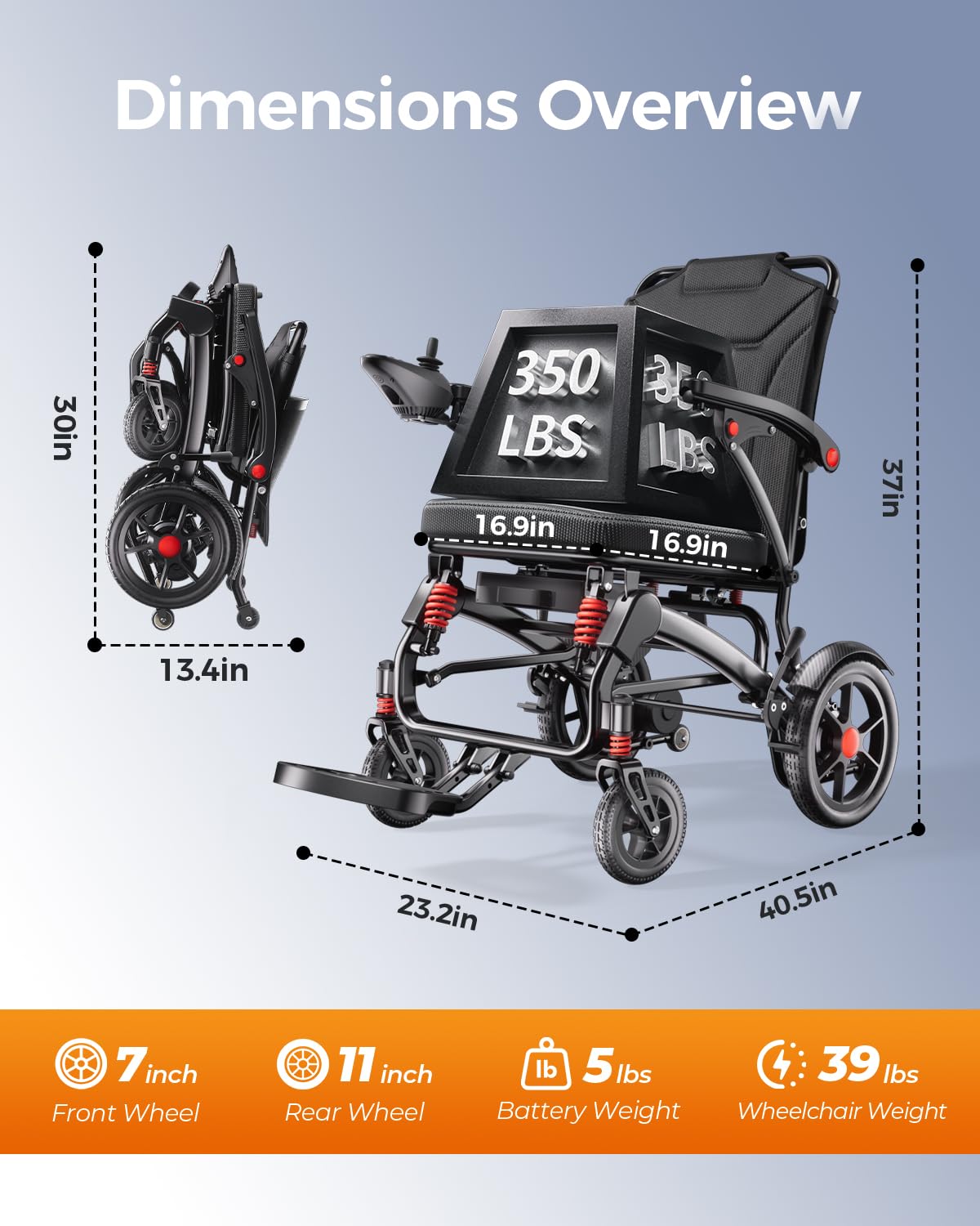 Ultra-Light Foldable Electric Wheelchair – 39 lb, 20 Mile Range, 350 lb Capacity, All-Terrain