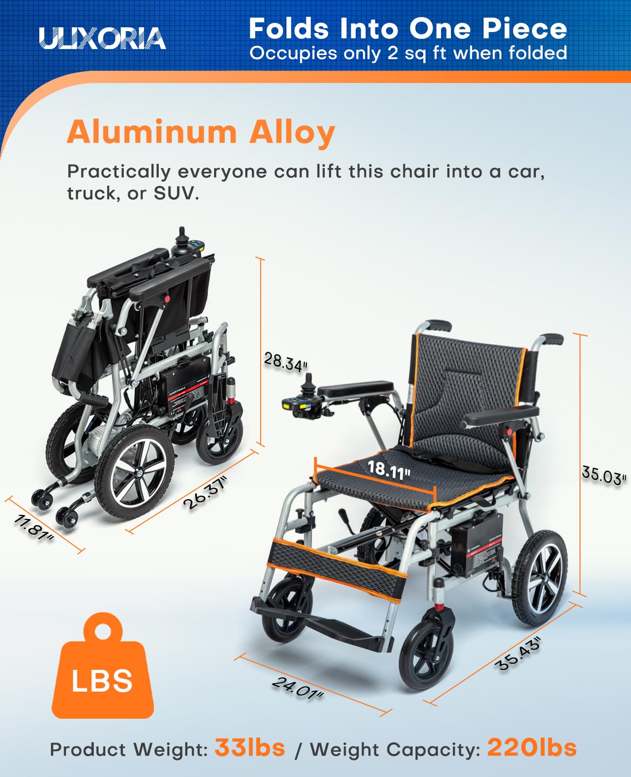 Ultra-Light Foldable Electric Wheelchair – 33 lb, 10 Mile Range, 220 lb Capacity, Dual Motor, Portable Design