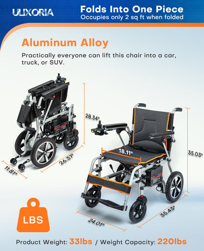 Ultra-Light Foldable Electric Wheelchair – 33 lb, 10 Mile Range, 220 lb Capacity, Dual Motor, Portable Design